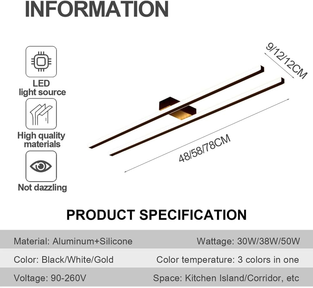 48cm/58cm/78cm LED Ceiling Light Modern Acrylic Linear LED Ceiling Lamp 30W/38W/50W Long Strip Close-to-Ceiling Lights for Living Room Bedroom Hallway Kitchen