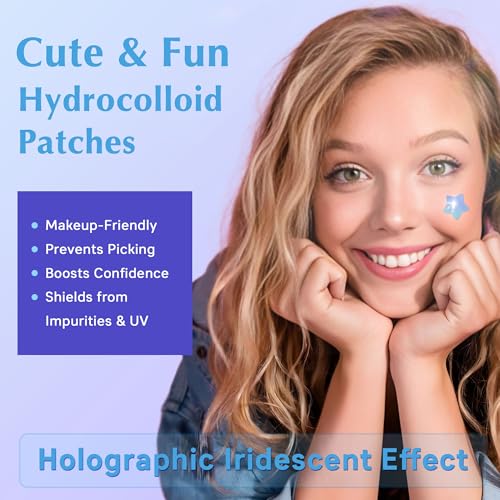 Voibon Hologram Pimple Patches for Face, Cute Hydrocolloid Acne Patches, Salicylic Acid & Tea Tree Colorful Star Spot Stickers,Zits & Blemish,Blue Star Zit Patches,12MM (48 Count)