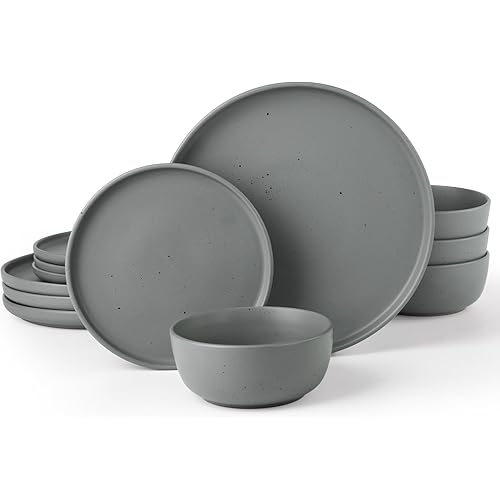 Famiware Dawn Plates and Bowls Sets, 12 Pieces Stoneware Dinnerware Sets, Dishes Set for 4, Microwave and Dishwasher Safe, Dark Gray