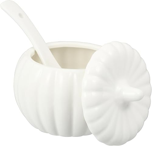 Miniatura 1 de Hemoton Cuenco de calabaza blanca, cuencos de sopa de cerámica con tapa, cuchara para postre, cuencos de cereales, plato lateral para aperitivos,