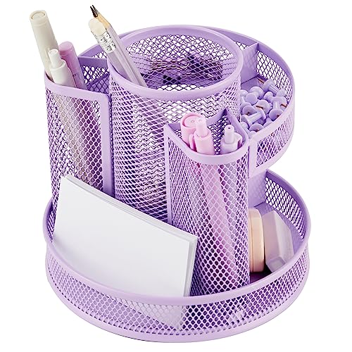 Annova Mesh Desk Organizer Rotate with 5 Compartments Round Spinning Tidy Candy/Pen Holder Desk Accessories Office, Art Supply, Storage, Classroom, Home (Light Purple)