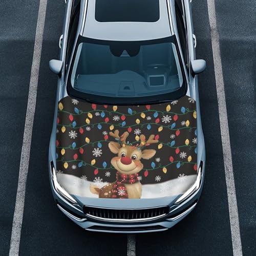 Image of Christmas Deer and Snowflakes Hood Cover Protector for Compact SUV Trucks Sedans, 59x39 Inch Stretchable Car Hood Flag, Universal Snowproof Auto Christmas Decorations