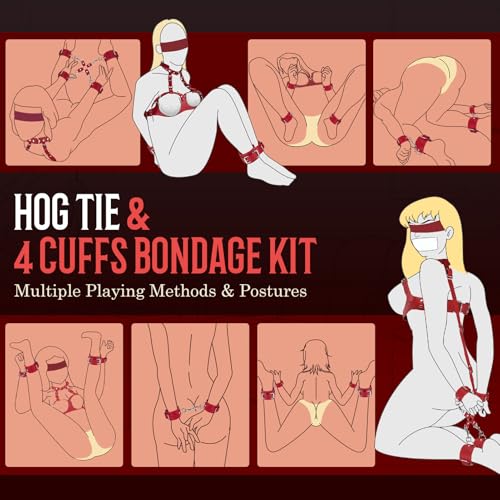 Image of 13-Pcs Sex Bondage Toys BDSM Beginners Kit for Women Couples, Adjustable Breasts Restraints, Collor and Leash, Wrist and Ankle Cuffs with Hog Tie, Behind Back Restraints, Blindfold & Tickler （ Red ）