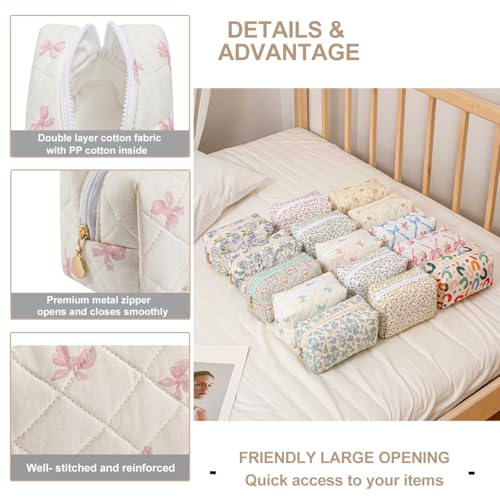 Gleyemor Small Quilted Makeup Bag for Women, Cute Floral Bow Cosmetic Bag, Emergency Bag Travel Toiletry Cotton Pouch Gifts for Girls Her Mom Friend Sister Bridesmaid (Small Pink Bowknot)4
