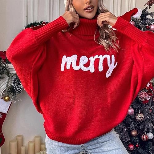 Muineobuka Women Merry Sweaters Turtleneck Long Sleeve Letter Print Loose Knitted Pullover Merry Christmas Sweater4