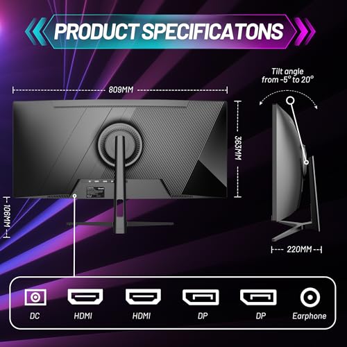 Image of 34 Inch Ultrawide Curved Gaming Monitor - WQHD 3440x1440p, 165Hz, 120% sRGB, FreeSync, VESA Mountable (DP&HDMI Cable Incl.) - Immersive PC Monitor for Gamers & Professionals, Black