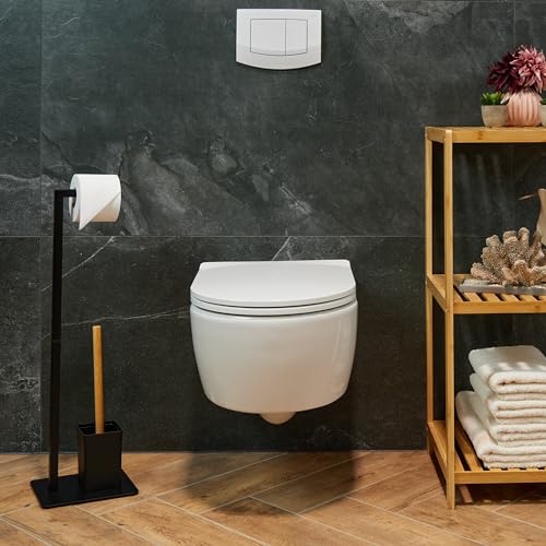 Image of Relaxdays Toilet Brush Set Bamboo Stainless Steel Standing Toilet Paper Holder Black /Natural