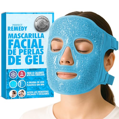 Perfect Remedy Antifaz Gel Frío y Calor Reutilizable - Alivio para Dolor de Cabeza, Anti Migraña, Bolsas Ojos y Ojeras - Mascarilla Silicona Facial para Hombres y Mujeres [Azul]