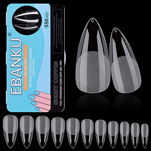 EBANKU 550 Pièces Faux Ongles Capsules, Semi-givré Artificiel Ongle Extensions Couverture Complète Nail Tips Couverture Complète Pour La Manucure Féminine DIY Salons de Manucure (Stiletto)