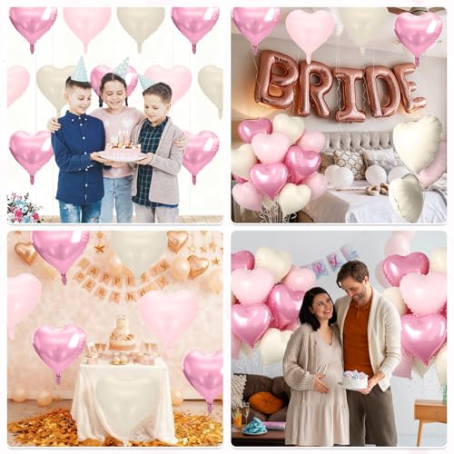 Image of Pink Heart Balloons, 10 Pcs Pastel Light Baby Pink White Foil Heart Shaped Balloon, 18 Inch Cream Sand White Balloons Helium for Engagement, Brithday, Baby Shower, Wedding, Valentines Party Decoration