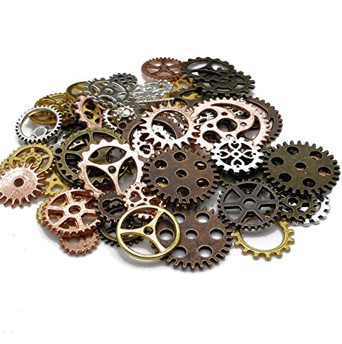 Xin Necessities 100 Gram (Approx 80pcs) DIY Assorted Color Antique Metal Steampunk Gears Charms Pendant Clock Watch Wheel Gear for Crafting, Cosplay Halloween Decoration,Jewelry Making Accessory