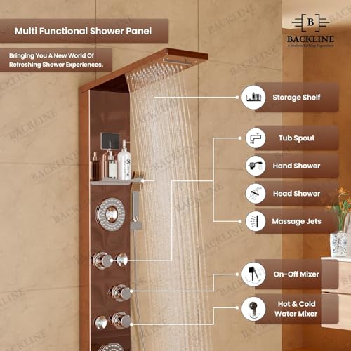 Image of Multifunction 8 in 1 Shower Panels For Bathroom SS304 Thermostatic Shower With Storage Shelf, LED Rainfall Shower,Hot & Cold Water Adjustable,Massage Spray,Hand Shower & Water Spout (Rosegold)