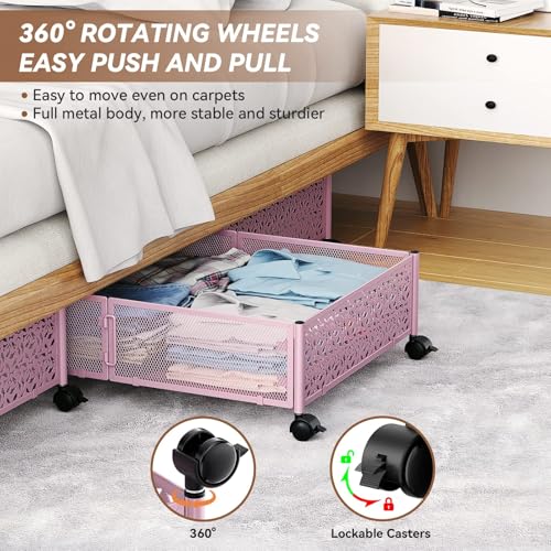 PHINOX Under Bed Storage Container with Wheels,Patterned,Metal,2 Pack,Pink
