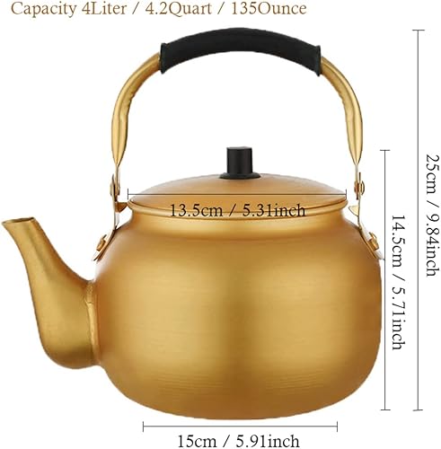 Miniatura 7 de Hervidor de aluminio, tetera de té, hervidor de vino de arroz, tetera de sopa, tetera ligera y portátil para campamento, fiesta de barbacoa (oro, 4