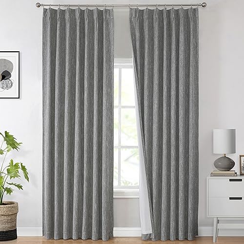 Image of Vision Home Charcoal Grey Pinch Pleated Full Blackout Curtains Room Darkening Window Curtains for Living Room Bedroom Thermal Insulated Pinch Pleated Drapes with Hooks Back Tab 2 Panel 40 inch Wx108 L