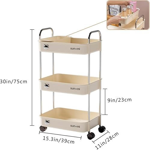 Miniatura 2 de Carrito utilitario rodante de 3 niveles, carritos de almacenamiento resistentes con cesta de almacenamiento de plástico y ruedas con cerradura,