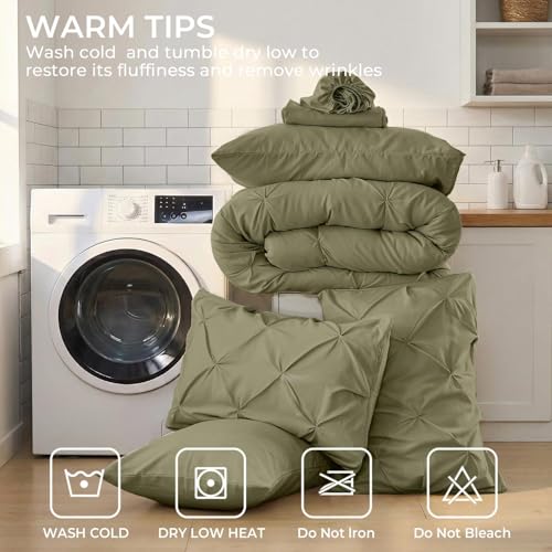 Sasttie King Size Comforter Set, 7-Piece Bed in a Bag, Pintuck Bedding Sets for All Season, Includes Comforter, Flat Sheet, Fitted Sheet, Pillowcases and Pillowshams, Olive Green by Sasttie - Used condition - Image 9
