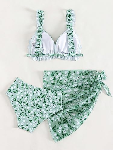 Verdusa Girl's 3 Piece Floral Print Frill Trim Bikini Sets Bathing Suit with Cover Up Skirt2