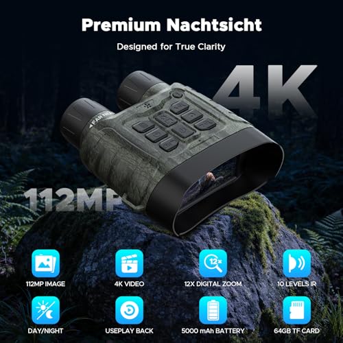 Nachtsichtgerät 4K 112MP mit 12X Digitalzoom, 5000mAh Akku, Nachtsichtgerät Jagd mit IR-Nachtsicht bis 450 m, 64GB TF-Karte – Für Camping, Sicherheit & Wildtierbeobachtung