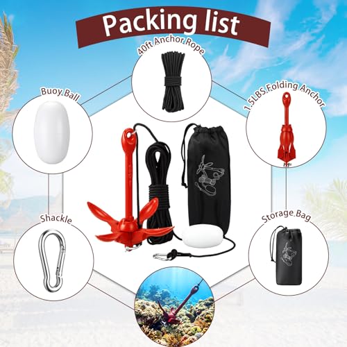 Image of MorningRo 1 Pack 1.5 /3.5 lb Marine Kayak Anchor Kit with 40ft Rope and Buoy Folding Grapnel Boat Anchor Kit Kayak Fishing Accessories for Small Boats, Canoe, SUP Paddle Boards