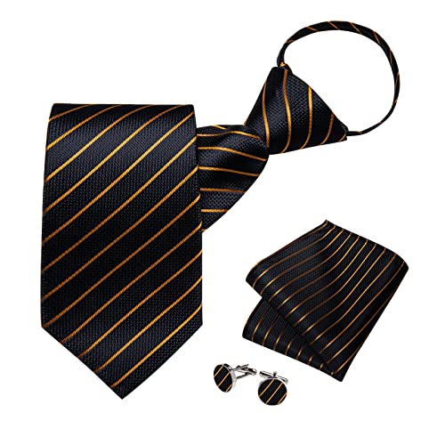 Image of DiBanGu Silk Zipper Ties for Men,Paisley Solid Plaid Pre-tied Tie and Pocket Square Cufflinks Set Formal Adjustable Necktie