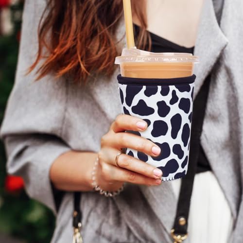 Image of Reusable Insulated Neoprene Iced Coffee Cup Sleeve, Durable Drink Sleeve for Cold Beverages, Beverage Holder for Iced Coffee (Cowprint Chic)