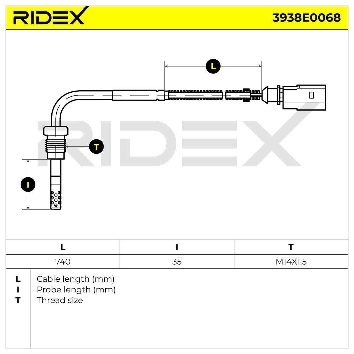 RIDEX 3938E0068 Sensore Temperatura gas scarico Compatibilità con VW Transporter T5 Van 7HA, 7HH, 7EA, 7EH