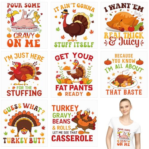 Gueevin 8 Sheets Funny Thanksgiving Iron on Transfers Turkey HTV Heat Transfer Vinyl Decals for T-Shirts Clothing Hats Bags DIY Fall Thanksgiving Decorations