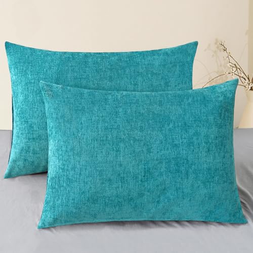 Image of CaliTime Pack of 2 Cozy Standard Pillow Shams Cases for Bed Bedding Decoration Solid Dyed Soft Chenille 20 X 26 Inches Lake Blue