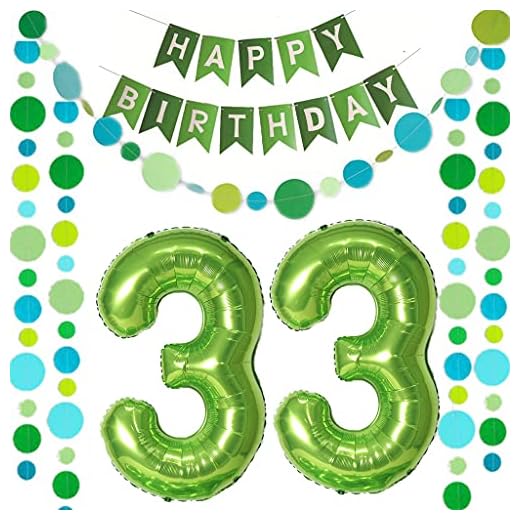 2 globos con el número 33 verde + guirnalda de cumpleaños feliz + guirnalda verde para 33 cumpleaños, decoración para hombres y mujeres, 33 años, 33 globos de cumpleaños con número