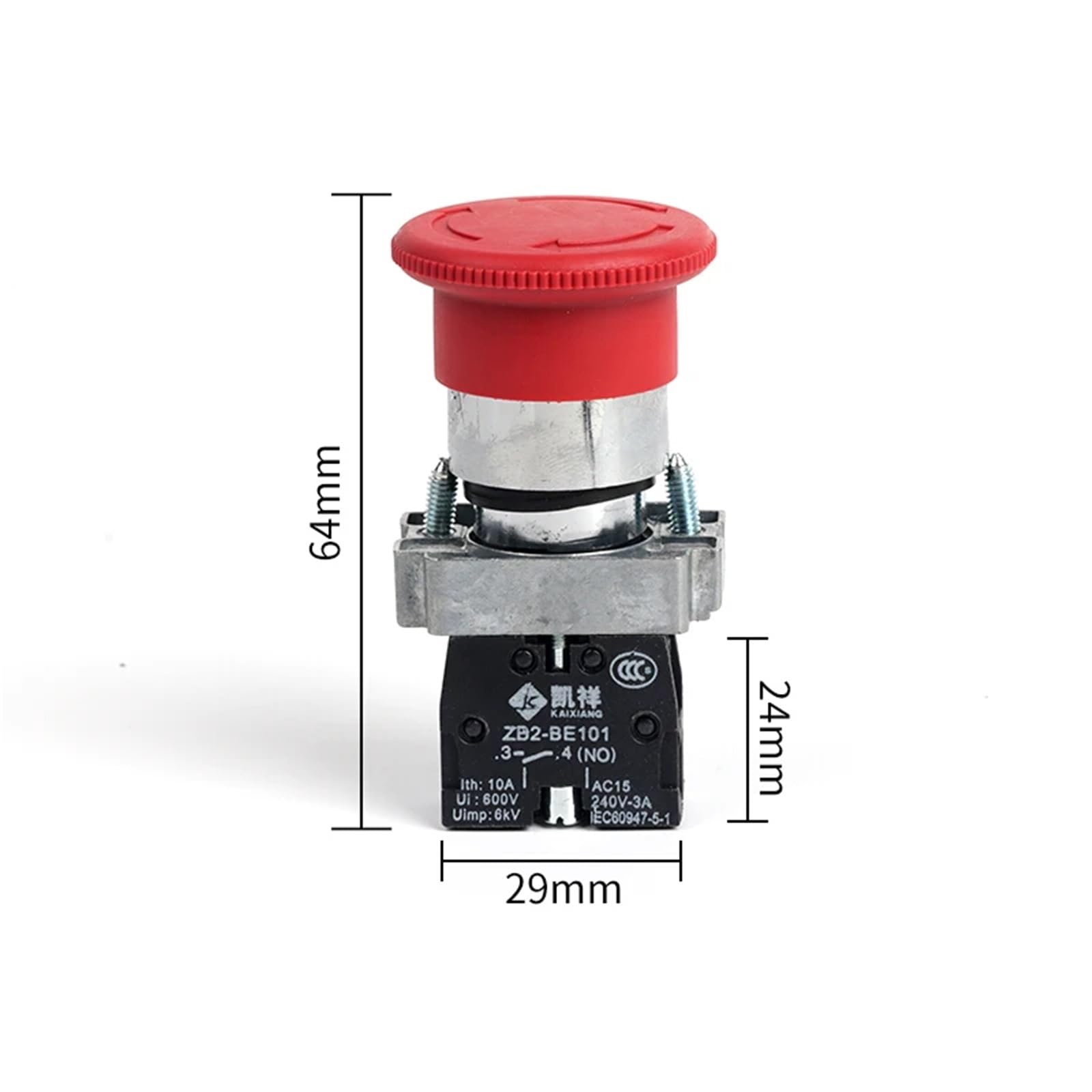 Interruptor de botón de parada de emergencia con cabeza de seta de XB2-542 de 22mm, interruptor de botón de encendido de parada de emergencia de 10A/415V(2NC)