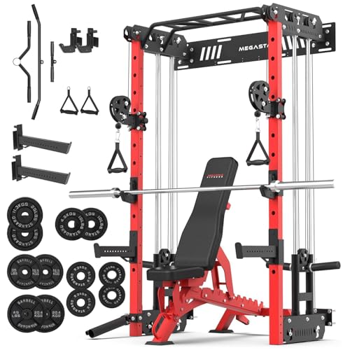 MEGASTAR Wall Mounted Power Rack Home Gym Package – 1600LB Capacity Compact Commercial Home Gym with Dual Cable Crossover, LAT Pulldown & Multi-Grip Pull-Up Bar for Small Spaces, P67 Striker Red
