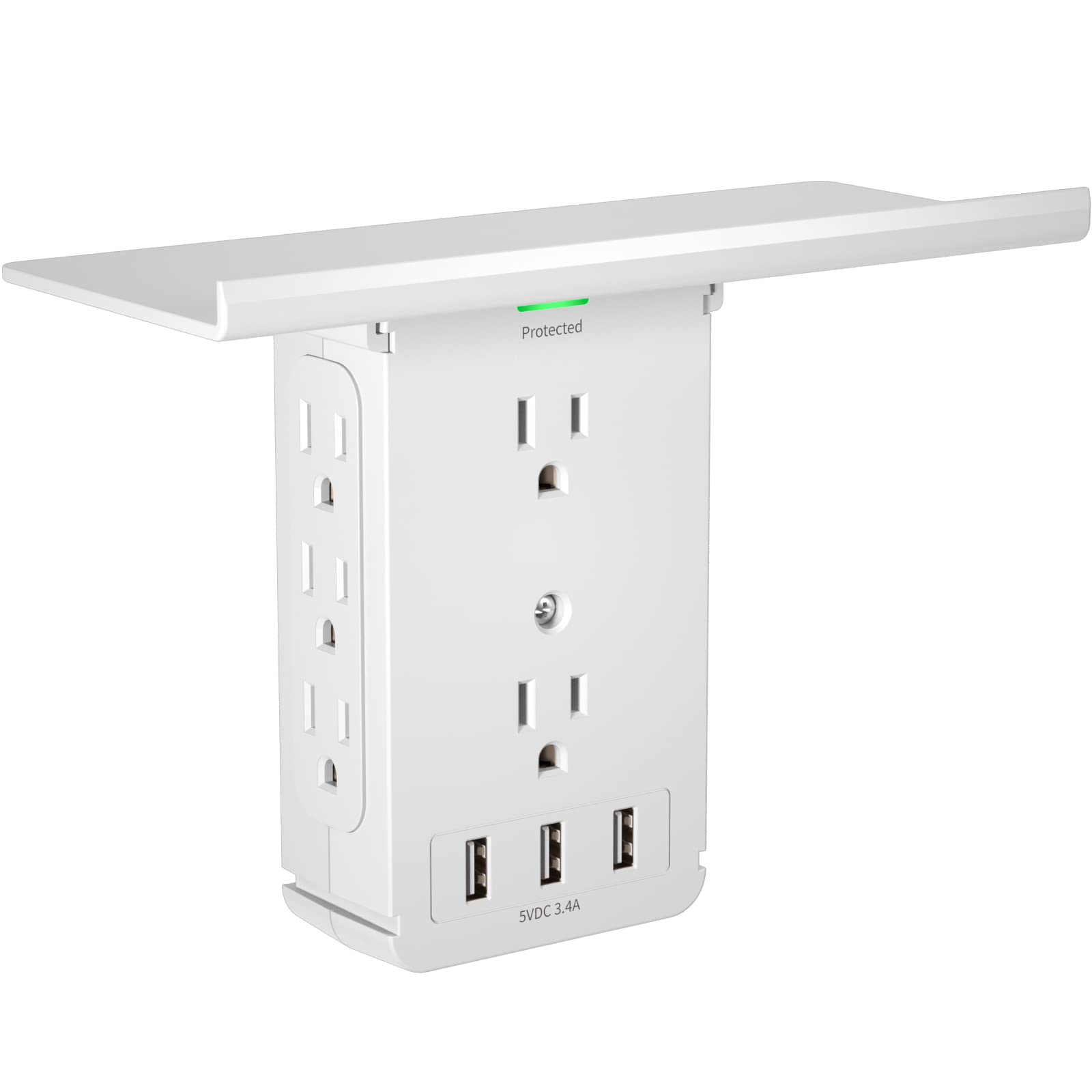 Outlet Extender Wall Shelf Surge Protector 1020 Joules, Multi Plug Wall Outlet Expander with 3 USB-A Chariging Ports, with Removable Outlet Shelf, Outlet Multiplier Splitter Adapter for Bathroom