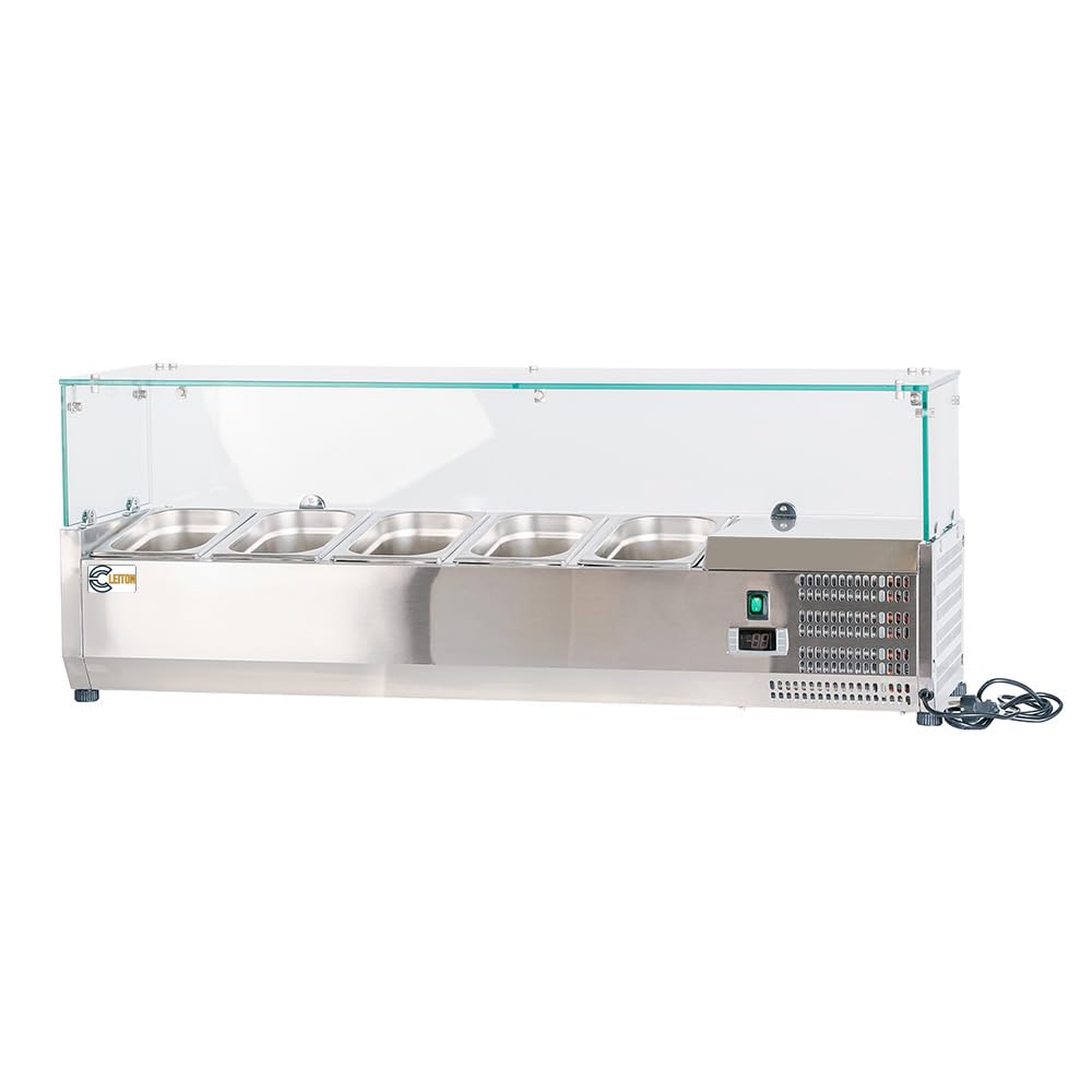 Cleiton® Vitrina de Ingredientes Refrigerada 120x33x44 cm de Acero Inoxidable 5 Cubetas GN 1/4 | Nevera de Ingredientes con Termostato Digital Dixell | Mostrador Vitrina refrigeradora