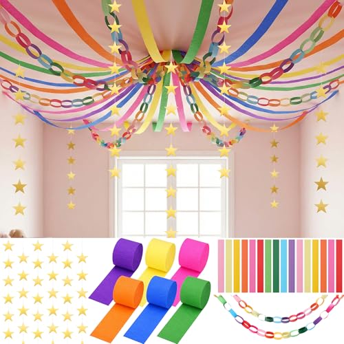 LFUTARI 700 Sheet Paper Chain Strips and Star Garland Set Rainbow Paper Chains and 52 ft Gold Stars Decor with 492 ft Crepe Paper Streamers for DIY Crafts Pride Month Birthday Wedding Theme Party