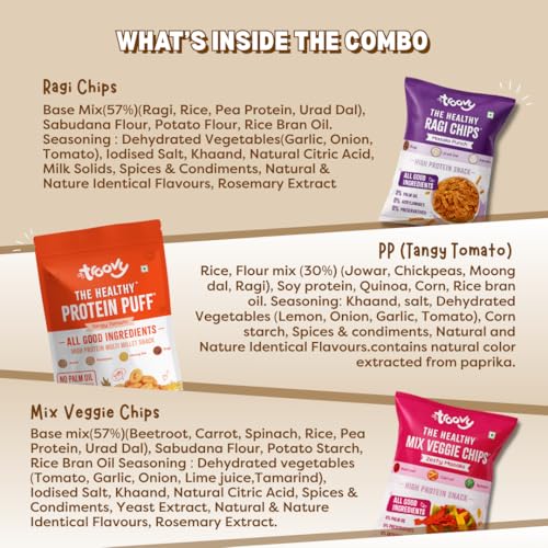 Image of Troovy Healthy Chips & Puff value pack 3-in-1| Tasty & High Protein Snacks | 30% Of Protein Needs | No Palm Oil, Cholesterol or Trans Fats | No Junk & Chemicals | Ragi chips (Zest Masala, 70gm x 1) | Mix Vegetable chips (Masala Punch, 70gm x 1) | Tangy tomato puff (80gm x 1)