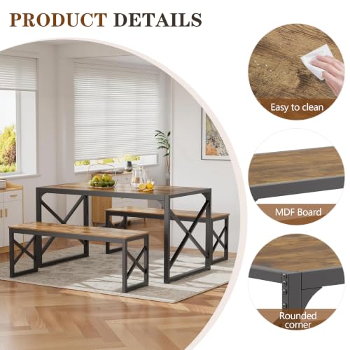 Image of VECELO 55 inch Kitchen Dining Table Set for 4, Heavy-Duty Steel Frame & Wood-Grain Tabletop, Space-Saving Dinette Sets with 2 Benches for Breakfast Nook and Small Space, Brown