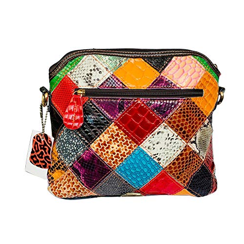 Image of Women 3D Floral Multicolor Small Crossbody Bag Genuine Leather Handbag Snake Pattern Colorful Spliced Shoulder Purse