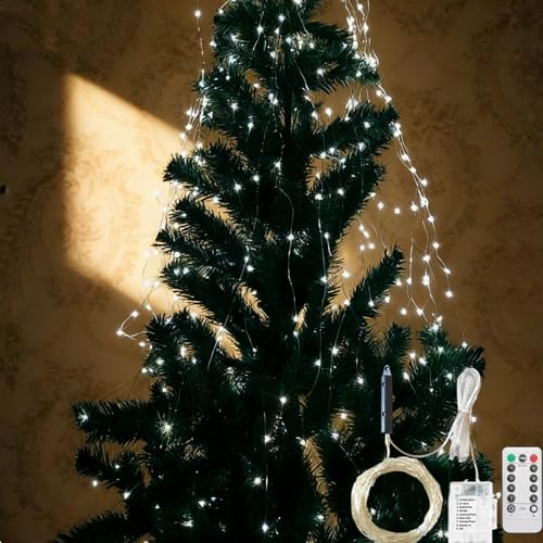2026 Upgrade Cascading Twinkle Lights for Christmas Tree Waterfall Lights, 8 Modes 100-600 Christmas LED Firefly Twinkle String Lights Battery Powered (White Light,1m/3.28ft 20 Strips 200 Lights)
