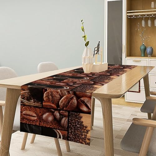 Image of Coffee Print Table Runner Rectangle Modern Art Coffee Cup Coffee Bean Abstract Heart Non-Slip Print for Dining Room Kitchen Living Room Party 13x36 inch
