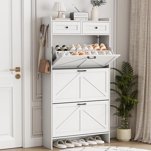 Image of Shoe Cabinet with 3 Flip Drawers & 2 Top Drawers, 57 inch Tall Freestanding Narrow Wooden Shoe Storage Organizer for Entryway, Hidden Slim Shoe Rack for Front Door Entrance, Hallway, Living Room, White