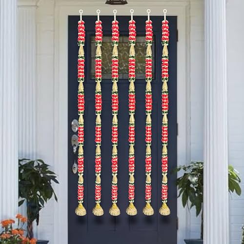 Image of Rajasthan Kraft Artificial Gajra Hanging Decoration Red & Green Mogra with Jali Chudi, Modak, Chakri & Golden Bell Pack of 4 | 44 Inch Festival & Wedding Home Dcor(GJ-17-4)