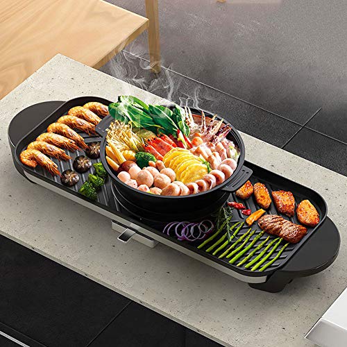 JZH-Wine set Electric Barbecue Grill 2 in 1 Hot Pot Chafing Dish Non-Stick Smokeless Pan Electric Cooker 220V 2200W 56.5 X 25.5Cm