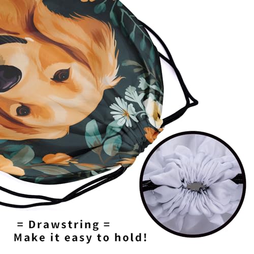 Image of Nerxy Golden Retriever Dog Grip Bag - Floral Puppy Drawstring Gymnastics Small Grip Bag Lightweight Storage Bag for Personal Equipment