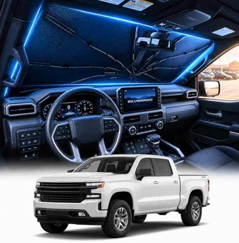 [2026 Upgraded] DooGooCoo Windshield Sun Shade Umbrella for Chevy Silverado [100% Sunlight Blocked Cooling Ice Crystal] Sunshade for Car Windshield for Silverado Sun Shade 2019-2026.