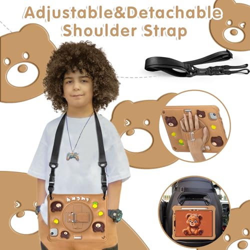 Image of ProElite Cover for iPad Air 11 M4 /M3 /M2 2026 /2025 /2024 / Pro 11 4th /3rd Gen /Air 5 /4 Gen 10.9 inch Case, Tough Bubble Kids Case with Pencil Holder with Rotating Kickstand & Shoulder Strap, Brown