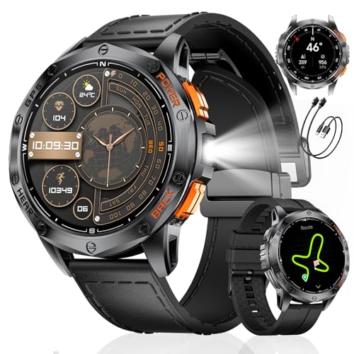 LIGE GPS Smartwatch Herren, Barometerdruck/Höhenmesser/Kompass, 1,43' AMOLED Smart Watch mit LED Taschenlampe/170 Sportmodi/5ATM/Bluetooth Anrufe/Gesundheitsmonitor für Android iOS,DM1-K