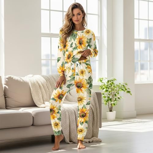 Image of Womens Lounge Set Long Sleeve Soft Pajama Sets | Casual 2 Piece Pj Outfit, Crewneck Sleepwear with Pockets, Adjustable Drawstring, Soft Comfy Fall Pajamas, Plus Size