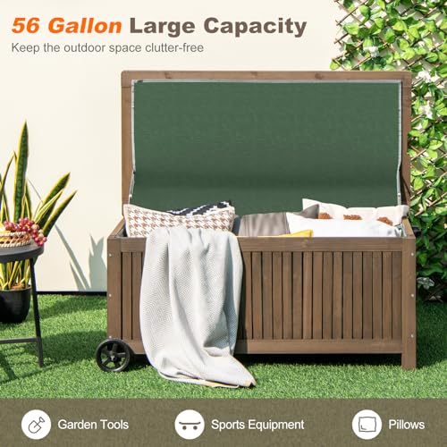 Goplus 56 Gallon Wooden Storage Box, Fir Wood Patio Storage Bench With Removable Waterproof Pe Liner, Outdoor Deck Box With Wheels For Garden Tools thumb #1