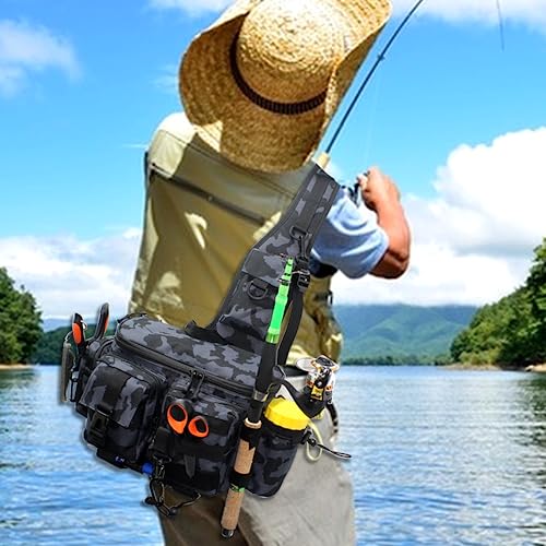 Zsrivk Fishing Tackle Bag Sling Shoulder Backpack with Rod & Gear Holder, Multi-functional Crossbody Storage Bag Waterproof Fishing Bag for Fly Fishing, Outdoor Sports